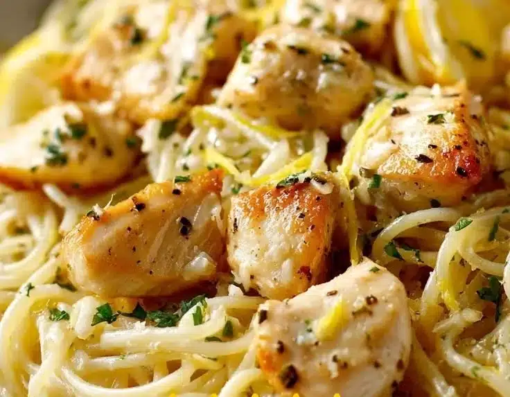 Delicious Lemon Butter Garlic Chicken Pasta garnished with parsley