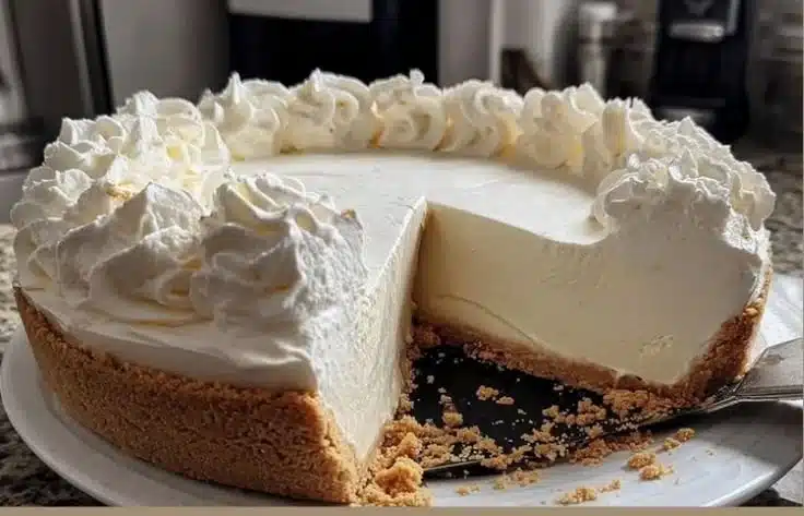 No-bake Marshmallow Whip Cheesecake topped with whipped cream and chocolate