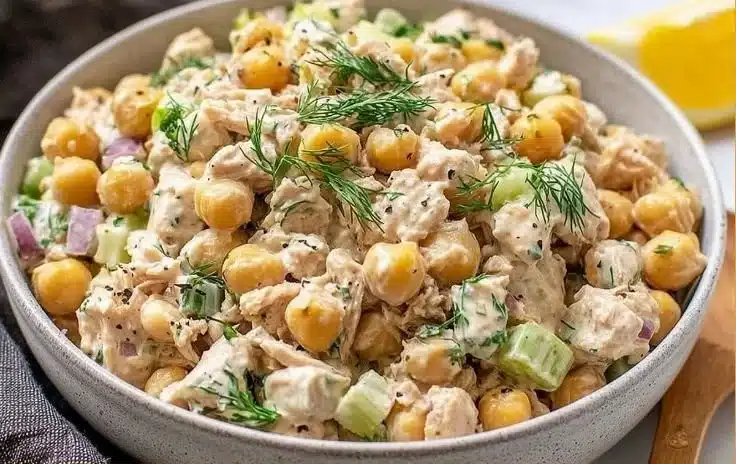 Protein-packed tuna garbanzo bean salad served in a colorful bowl.