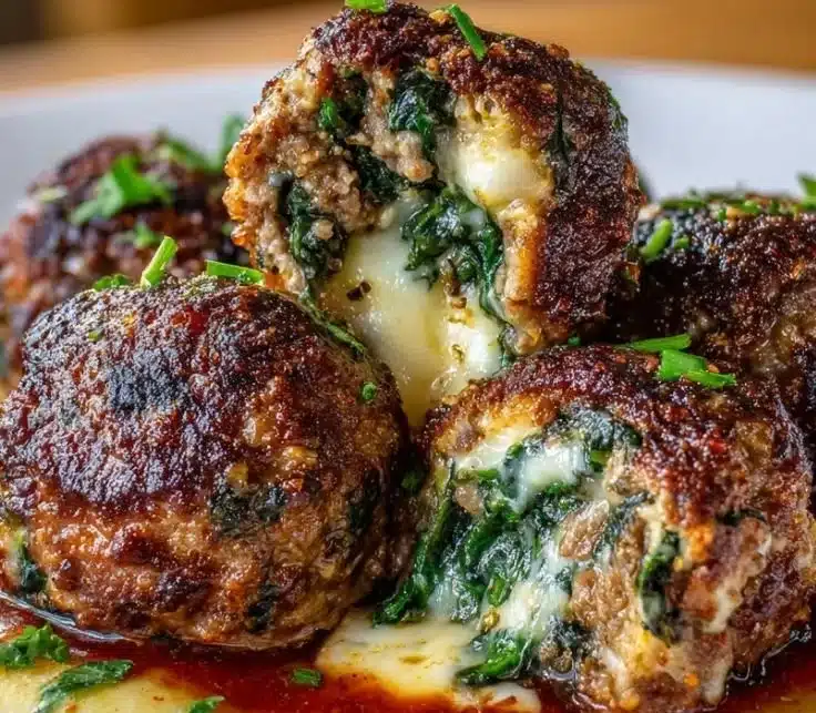 Spinach garlic meatballs with oozy mozzarella cheese inside, perfect for dinner.