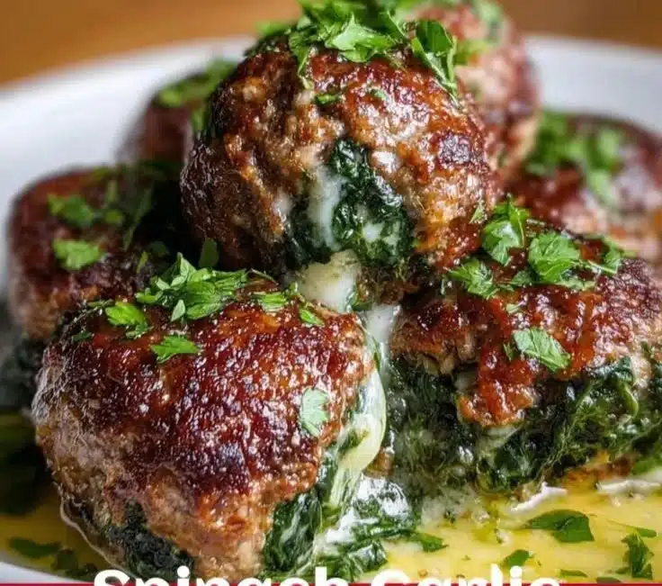 Homemade spinach garlic meatballs topped with melted mozzarella cheese
