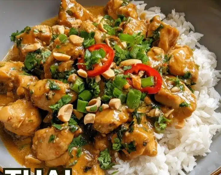 Delicious Thai Peanut Chicken served with fresh vegetables and garnishes