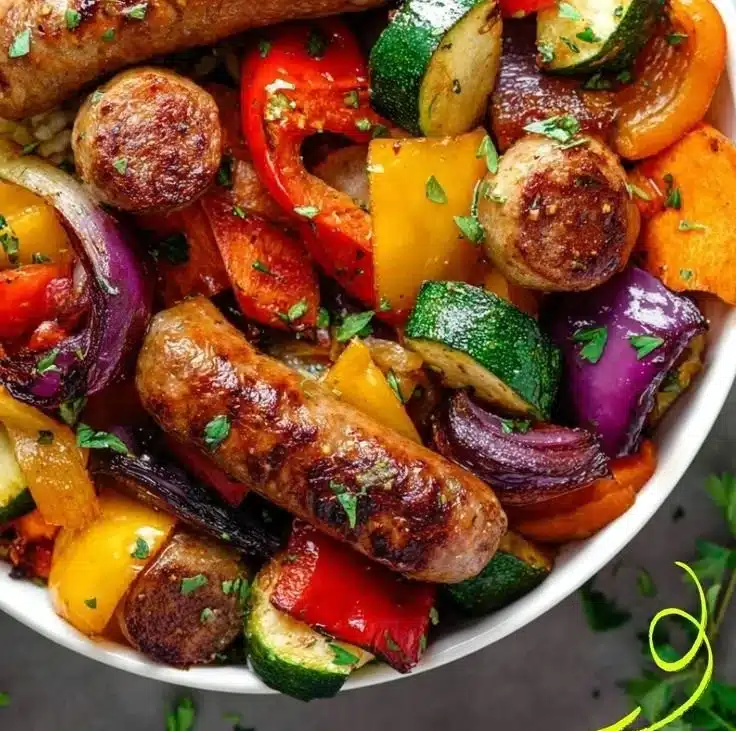 Air fryer chicken sausage with colorful mixed veggies