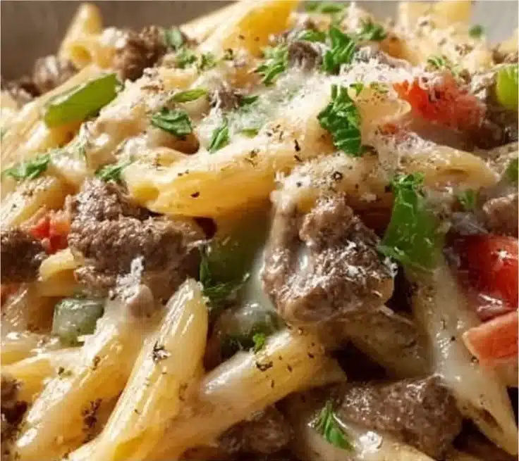 Plate of Authentic Philly Cheesesteak Pasta garnished with parsley