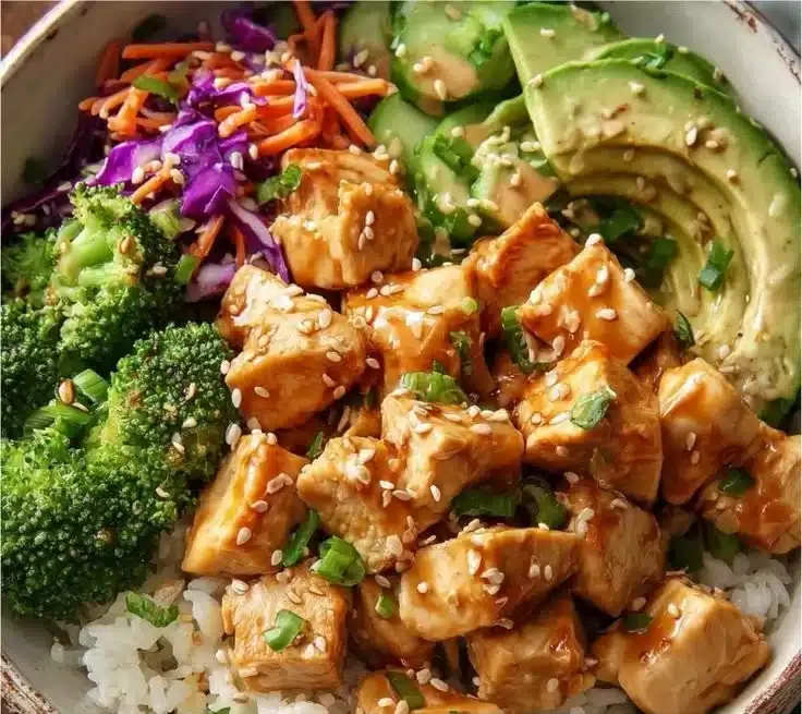 Delicious and easy Bang Bang Chicken Bowl ready to serve