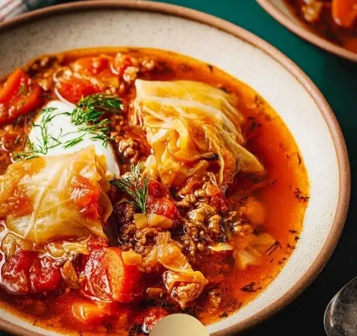 Delicious bowl of beef and cabbage soup garnished with herbs.