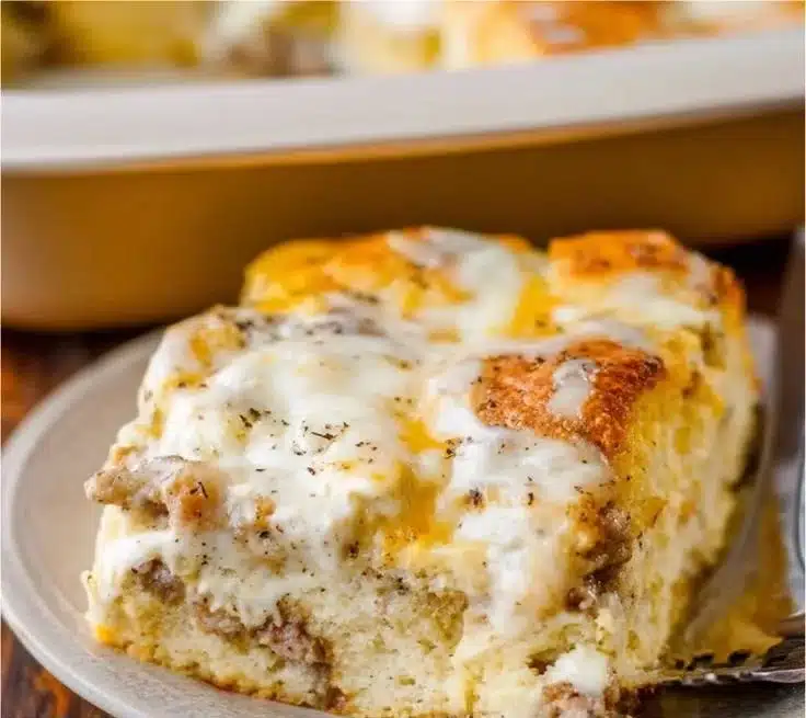 Delicious Beef Biscuits and Gravy breakfast casserole served on a plate