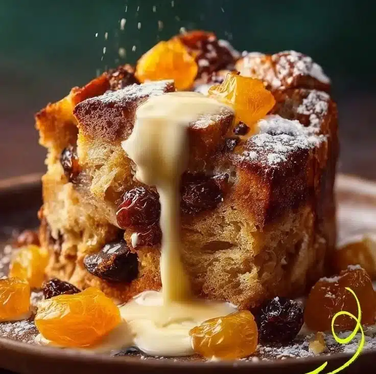 Delicious Bolillo Bread Pudding served in a dish garnished with fruit