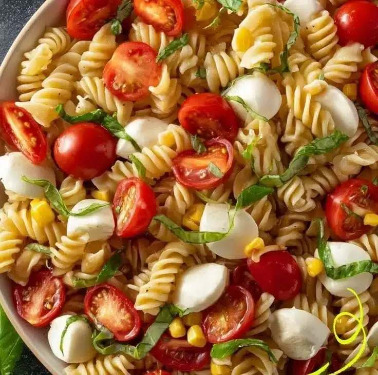 Colorful Butterfly Pasta Salad with fresh vegetables and dressing