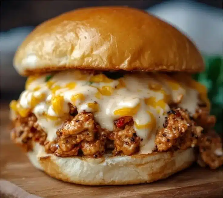 Cajun Chicken Sloppy Joes with creamy cheese sauce served on a plate