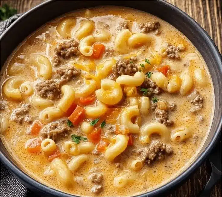 Delicious bowl of creamy Cheeseburger Macaroni Soup topped with cheese and herbs.