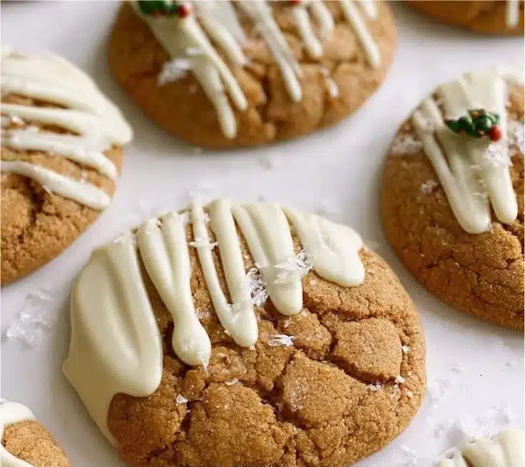 Chewy maple cinnamon cookies with melted white chocolate on a cooling rack
