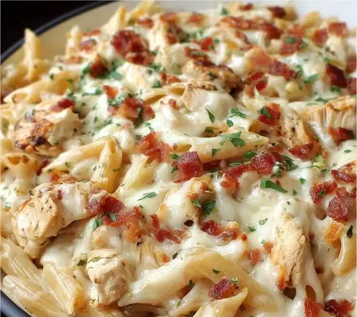 Creamy Chicken Bacon Ranch Pasta garnished with herbs in a bowl