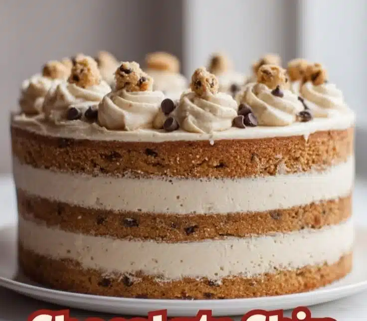 Chocolate chip cookie dough layer cake with frosting and chocolate chips