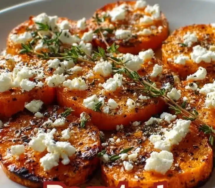 Delicious roasted sweet potato rounds drizzled with honey and sprinkled with feta cheese