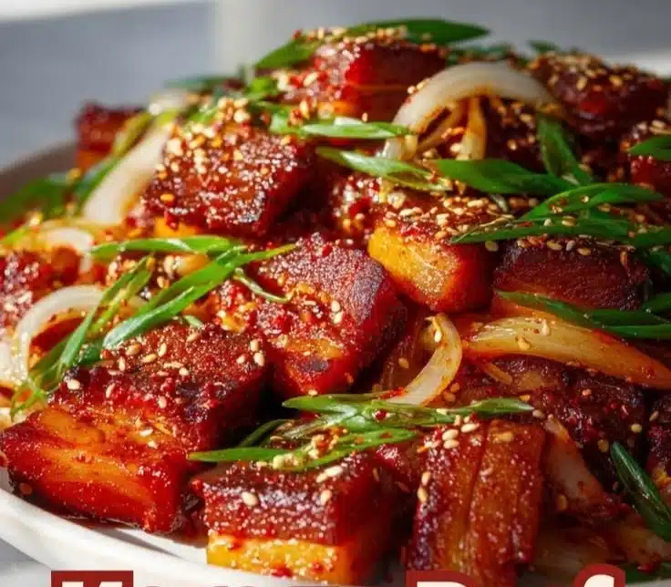Healthy Korean beef belly skillet dish with vibrant vegetables and savory sauce.