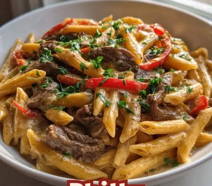 Creamy Philly Cheesesteak Pasta garnished and served in a bowl