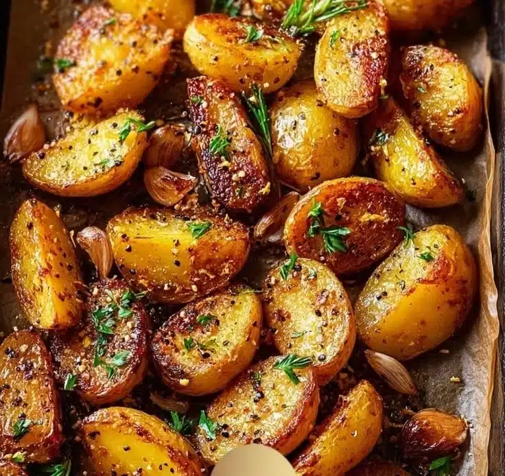 Roasted Yukon Gold potatoes garnished with garlic and fresh herbs