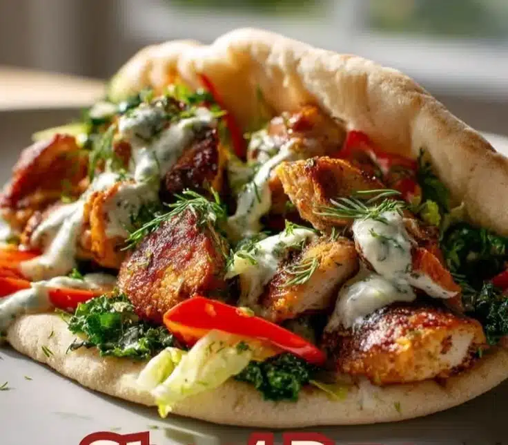 Delicious sheet pan chicken pitas served with herby ranch dressing