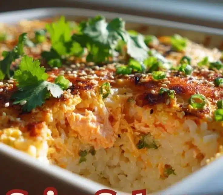 Baked spicy salmon sushi casserole topped with green onions and seaweed