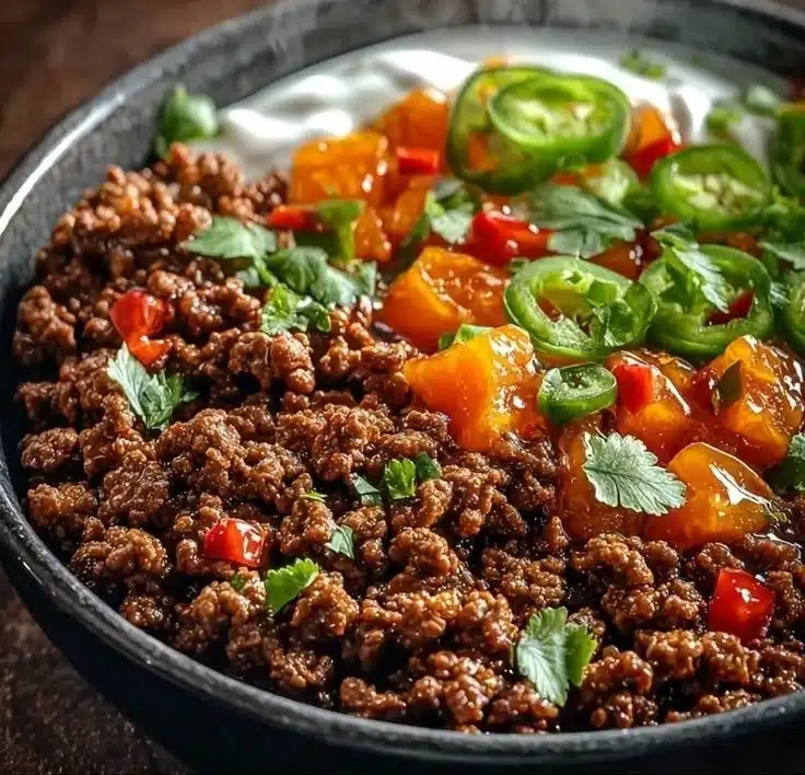 Taco bowls with sweet potatoes and ground beef served in colorful bowls