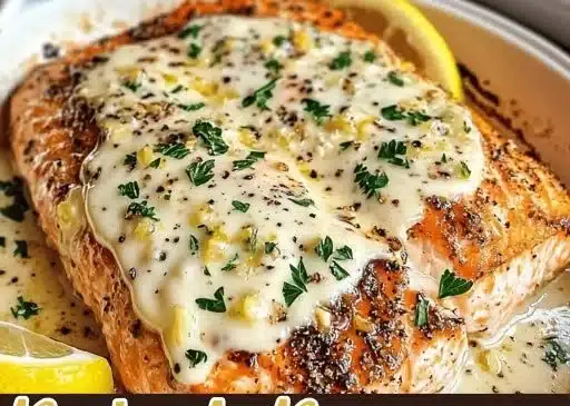 Delicious Baked Boursin Salmon served on a plate with herbs and lemon slices.