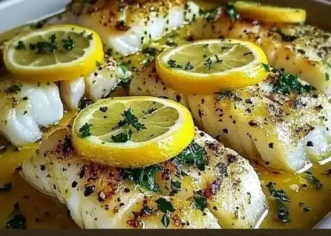 Baked lemon-garlic cod fillets served with buttery sauce on a plate.