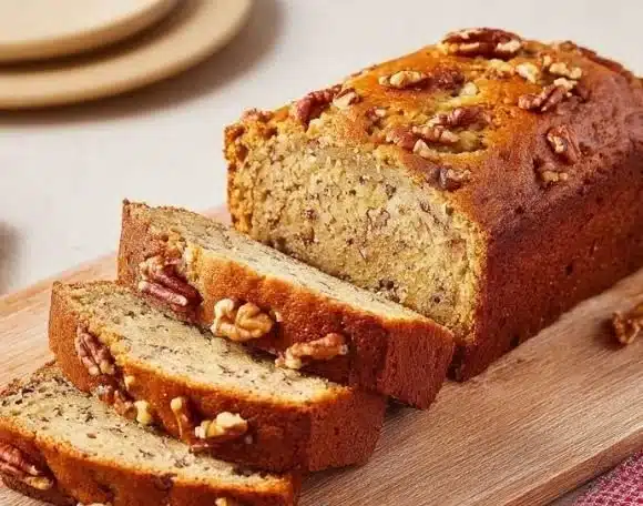 Homemade banana nut bread with walnuts on a rustic wooden table