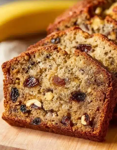 Freshly baked Banana Nut Bread with nuts and bananas on a wooden table