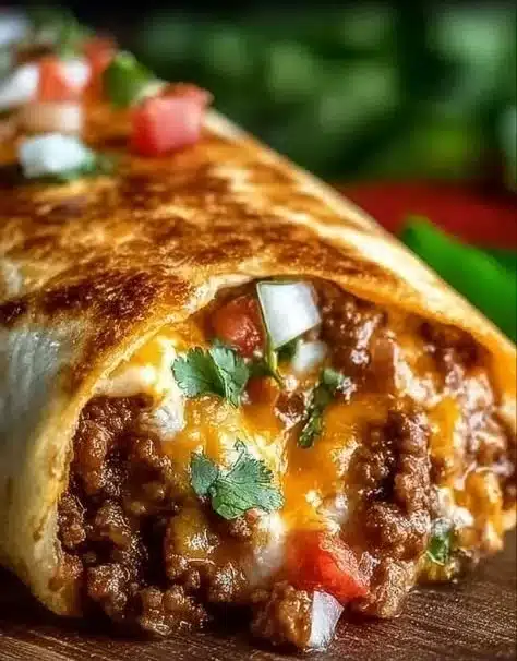 Beef and cheese chimichangas on a plate, garnished with salsa and sour cream
