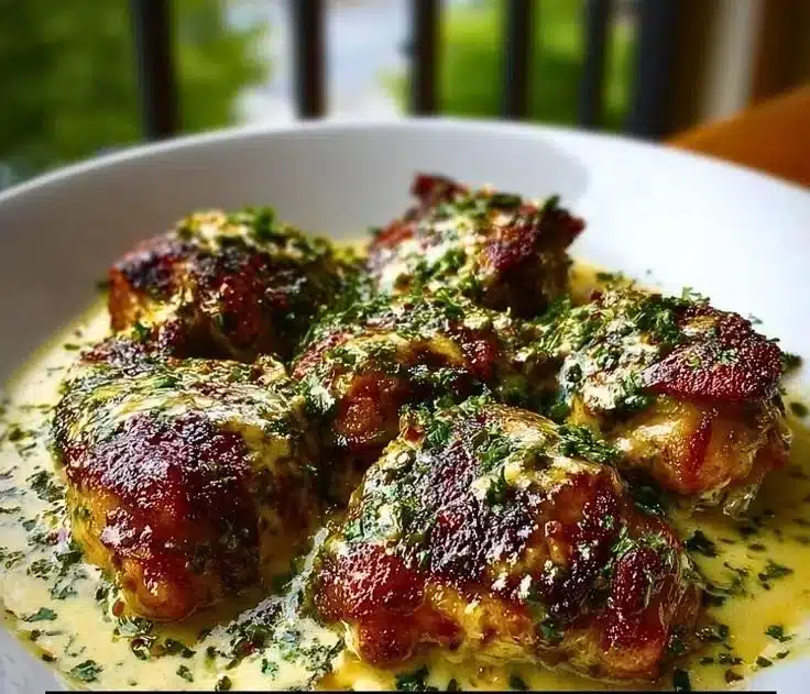Bobby Flay's chicken thighs served with creamy garlic sauce on a plate