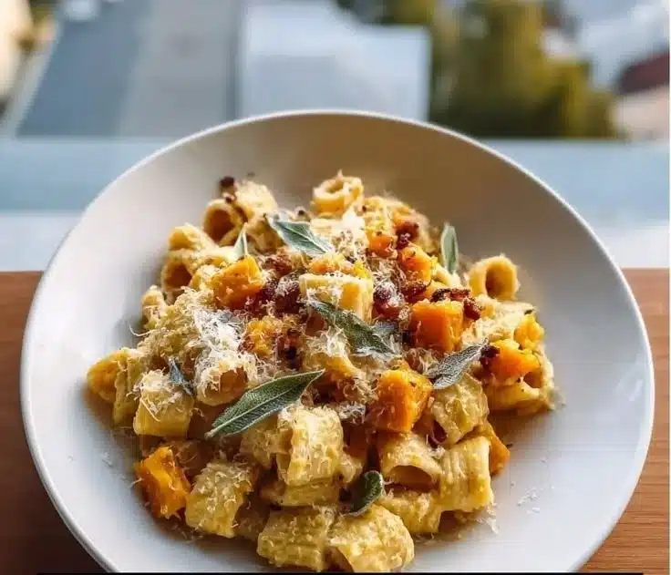 Delicious Brown Butter Sage Butternut Squash Pasta served in a bowl.