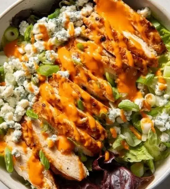 Delicious Buffalo Chicken Bowl topped with ranch dressing and fresh vegetables
