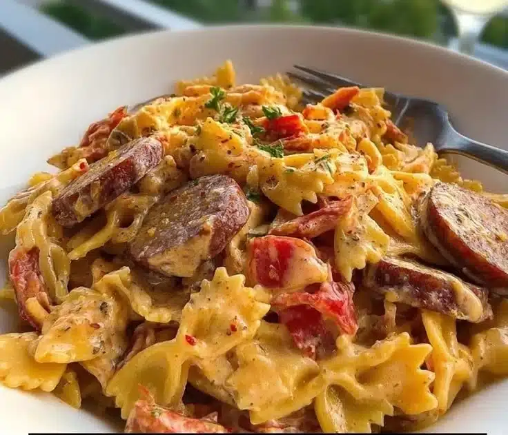 Delicious creamy Cajun sausage pasta served in a bowl