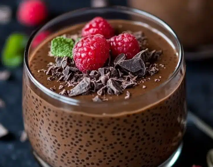 Creamy chocolate chia pudding topped with fresh berries in a bowl