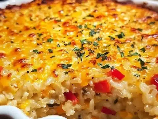 Creamy Pepper Jack Rice Bake ready to serve, garnished with herbs