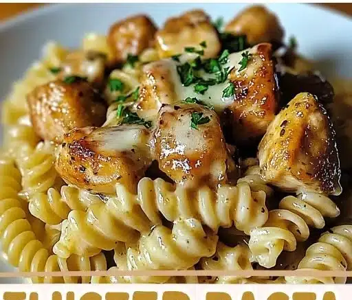 Creamy twisted pasta with honey garlic chicken on a plate.