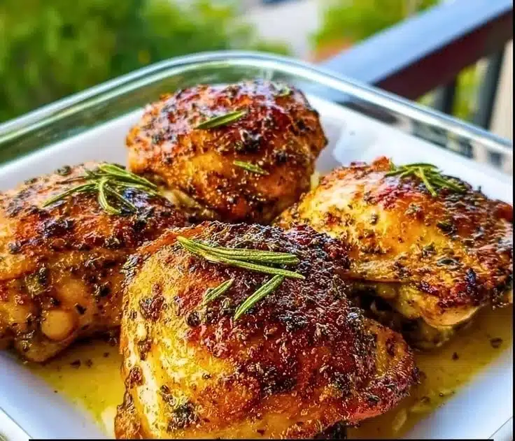 Crispy and juicy baked chicken thighs served with vegetables