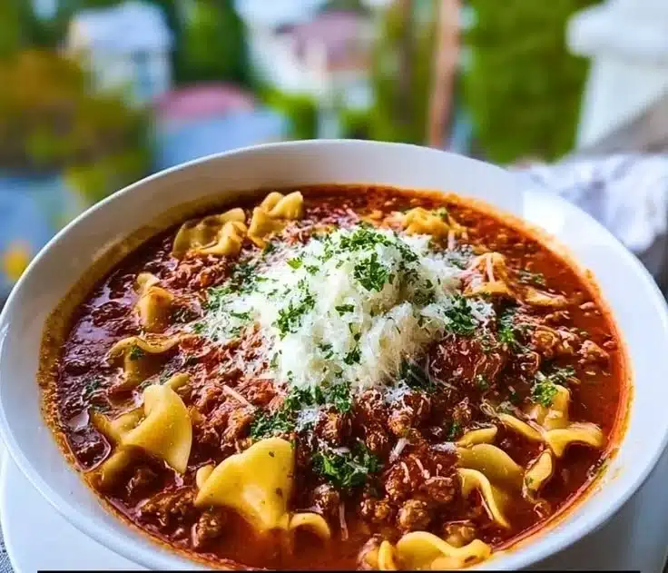 A bowl of easy high protein lasagna soup topped with cheese and herbs.