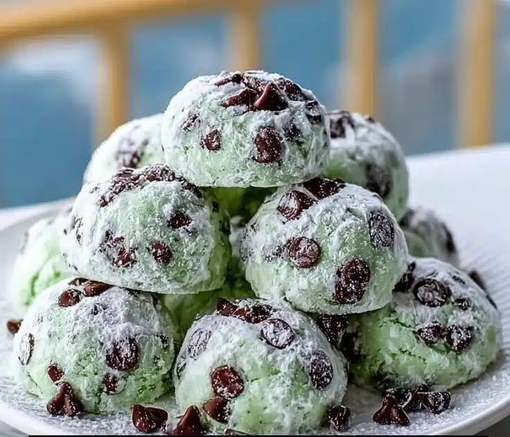 Delicious Mint Chocolate Chip Snowball Cookies arranged on a plate.