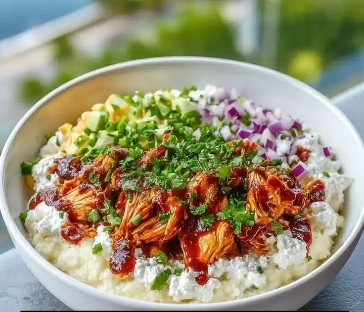 High Protein BBQ Chicken Cottage Cheese Bowl with fresh ingredients