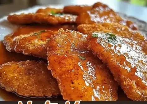 Hot Honey Chicken Cutlets drizzled with spicy honey sauce, served on a plate.