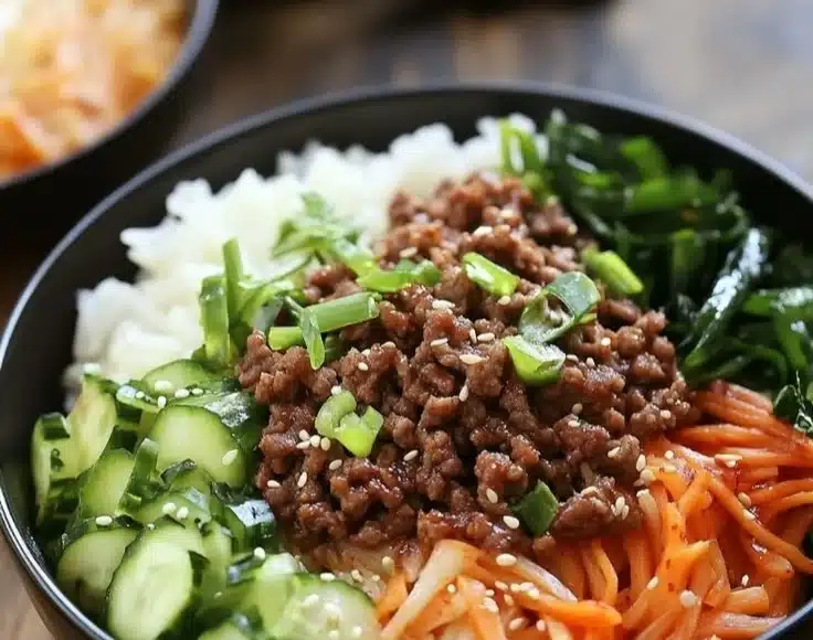 Korean beef bowl cooked in a pressure cooker with vegetables and rice.