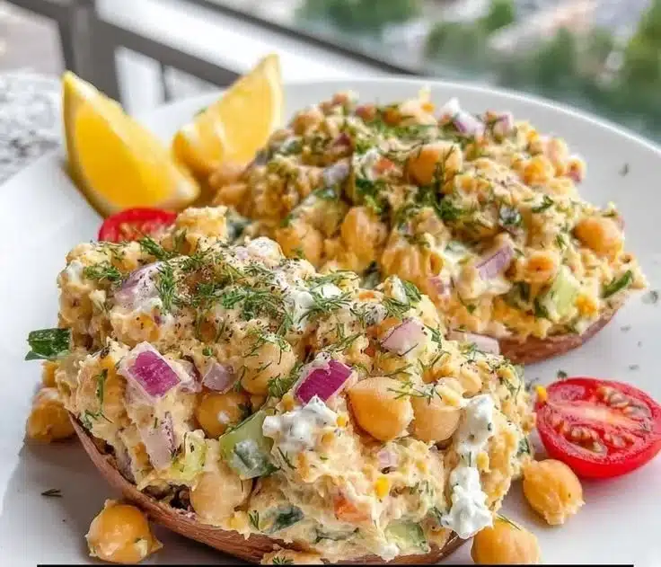 Delicious mashed chickpea salad with Greek yogurt in a bowl