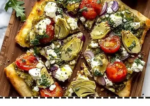 Mediterranean Flatbread Pizza topped with fresh ingredients and herbs