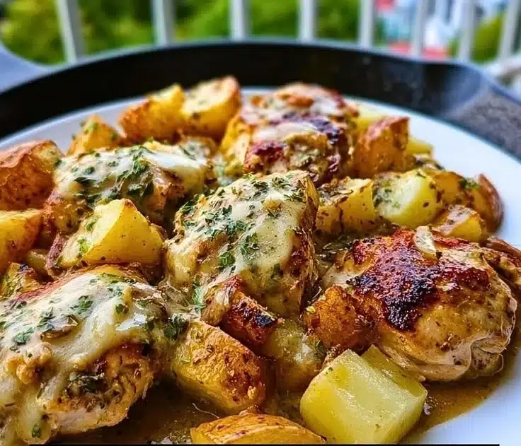 One-Pan Chicken and Potatoes with Gravy served on a plate