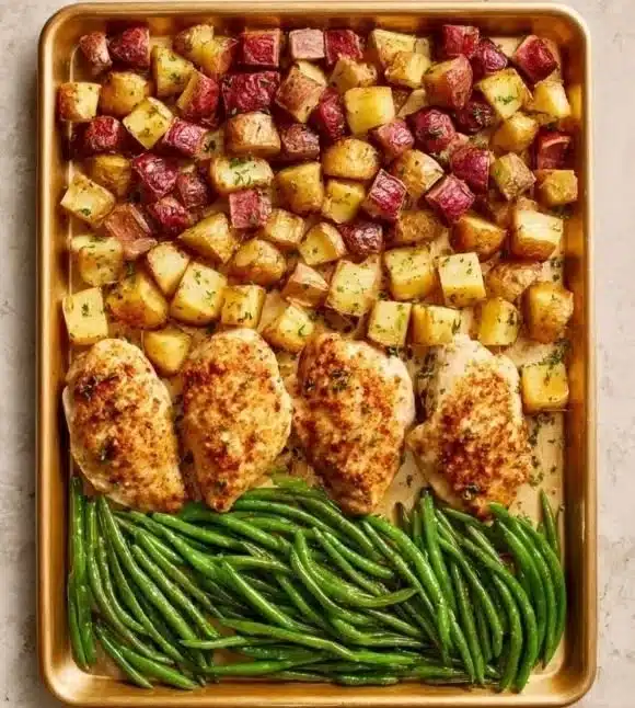 Delicious Parmesan Crusted Chicken on a sheet pan with vegetables.