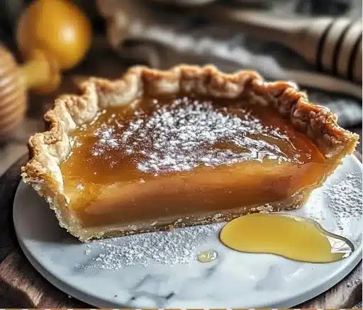Delicious salted whiskey honey pie topped with a drizzle of caramel
