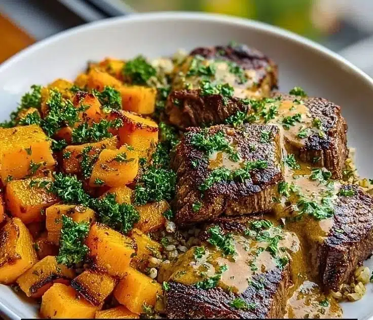 Savory butternut squash and garlic herb steak bowls plated beautifully