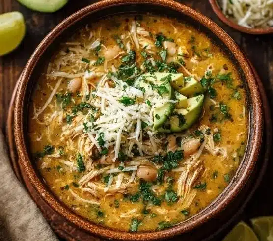 Bowl of award winning white chicken chili topped with cilantro and lime